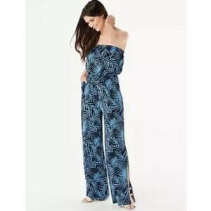 G.I.L.I. Womens Blue Palm Leaf Print Jetsetter Strapless Jumpsuit Size S